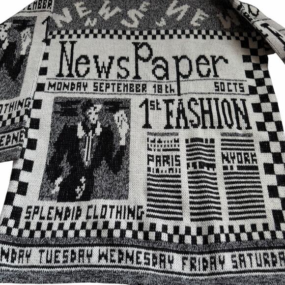 Vintage Adele Newspaper Print Sweater Medium Graphic Black White Retro Knit - Picture 6 of 13